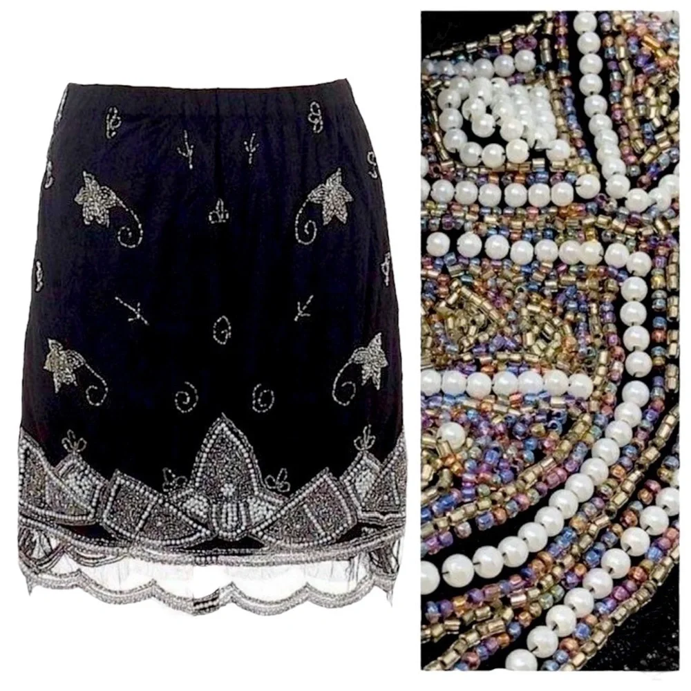 Mieeion Black Hand Beaded Intricate Boho Floral Mini Skirt Size S NWT